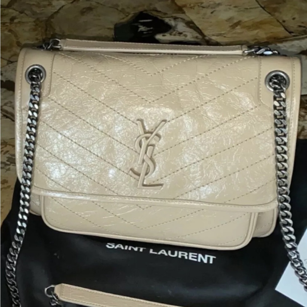 Saint Laurent Niki Medium Crinkled Calf Flap-Top Shoulder Bag in Gold Sand